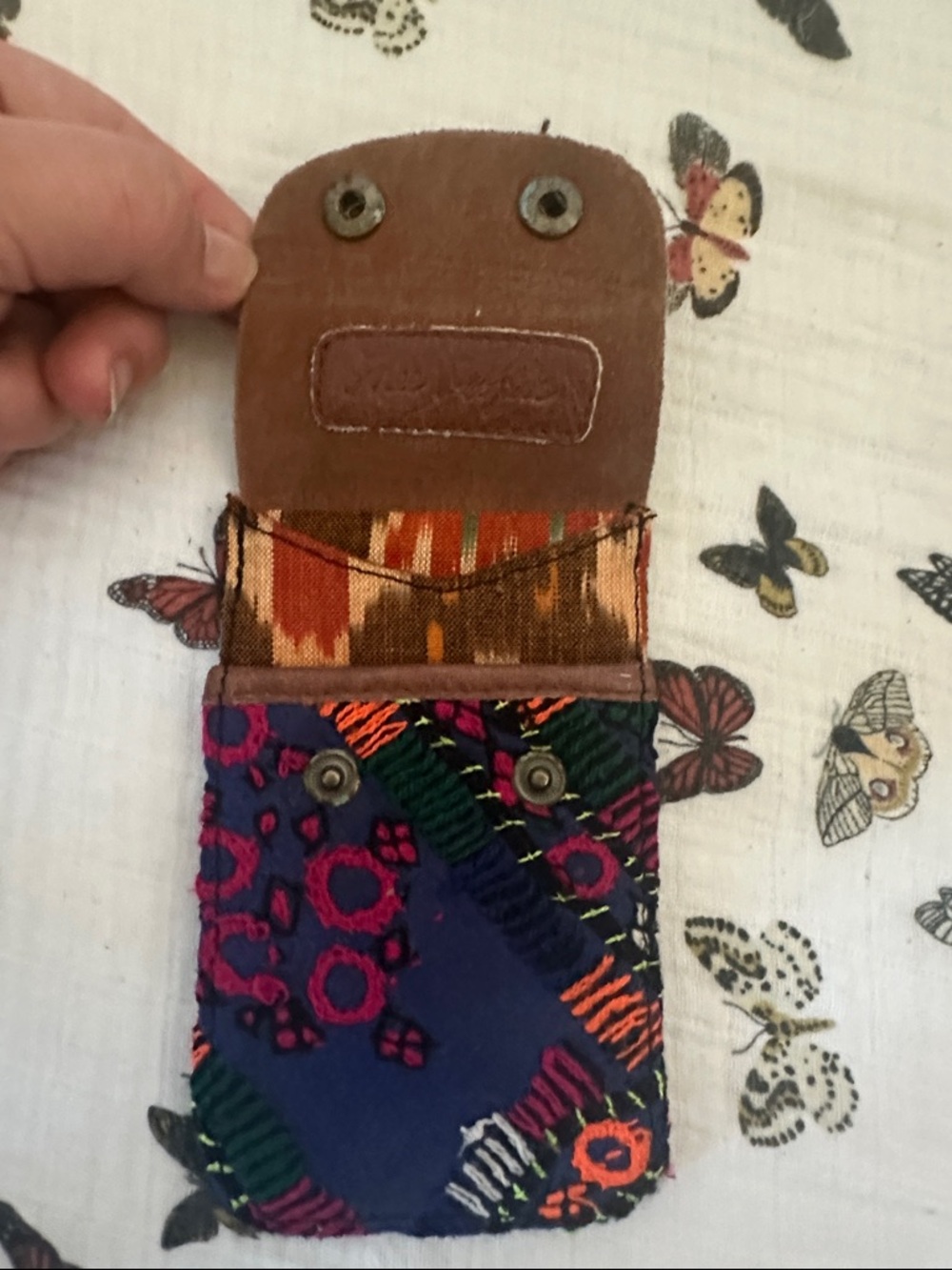 Free People Multicolor Embroidered Card Holder with Brown Leather Flap - Picture 2 of 6